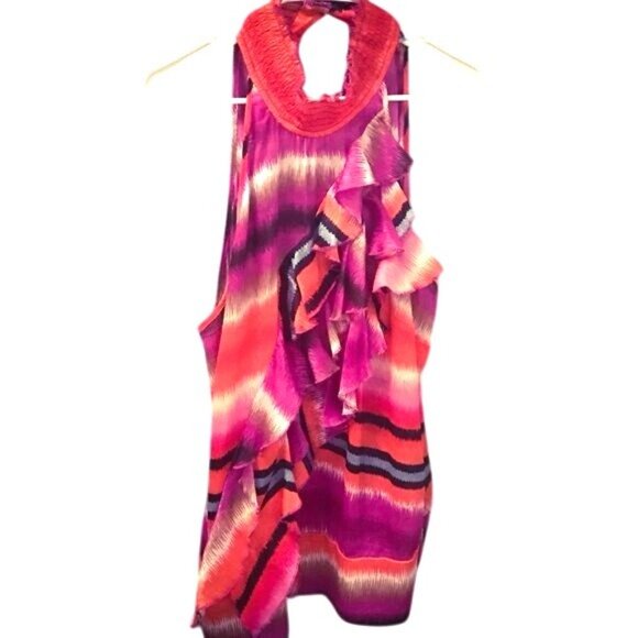 Ashley Stewart Sleeveless Ruffle Halter Blouse In Pink Orange Ikat Stripe Print - Picture 5 of 7